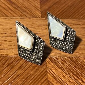 Vtg Art Deco Sterling 925 Marcasite Mother Of Pearl Post Pierced Earrings